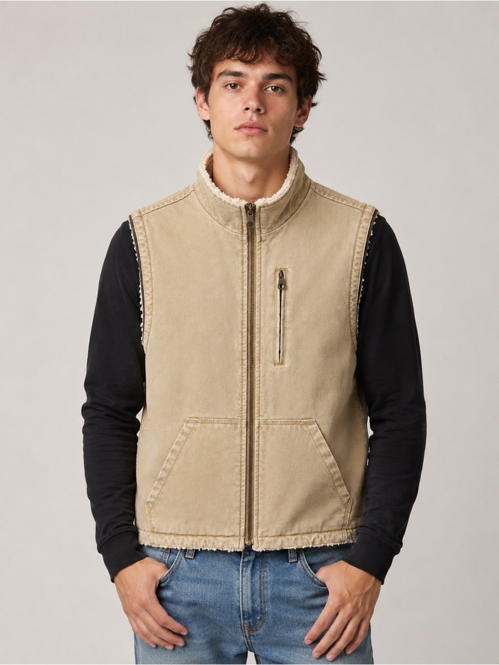 Faherty Reversible Sherpa-Lined Canvas Vest Coastal Workwear Men’s M